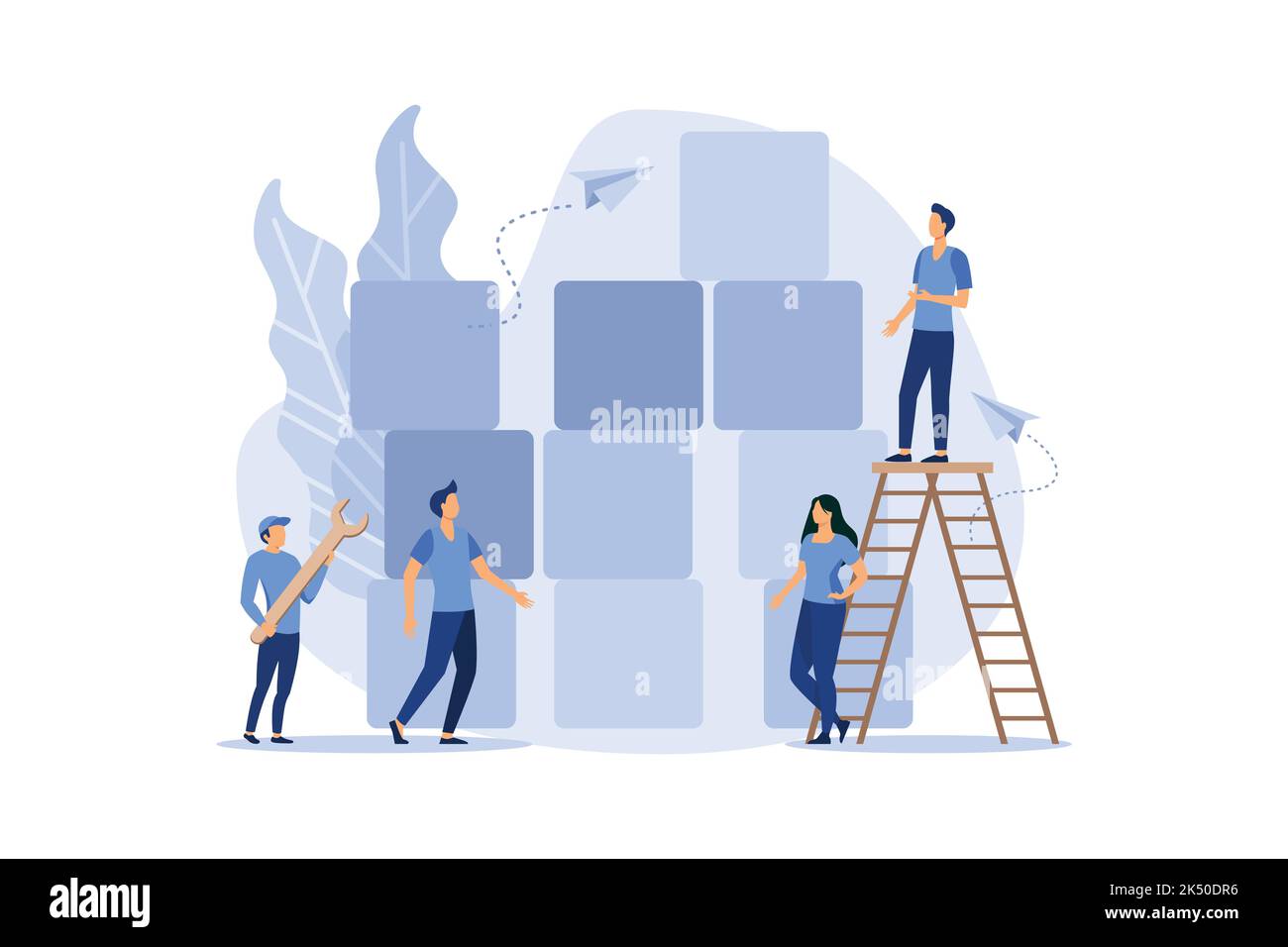 Concetto aziendale. Metafora del team. Persone che collegano gli elementi delle colonne. Simbolo del lavoro di squadra, cooperazione, partnership vettore design moderno Illustrazione Vettoriale