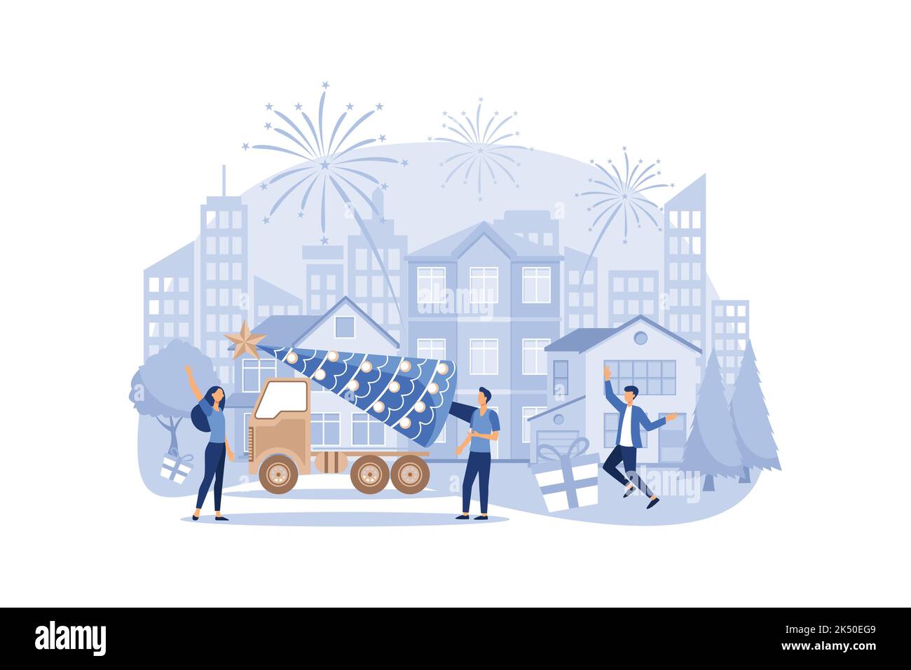 preparazione per il nuovo anno in città, decorazione festosa dell'atmosfera e fuochi d'artificio, l'albero principale vettore appartamento disegno moderno illustrazione Illustrazione Vettoriale