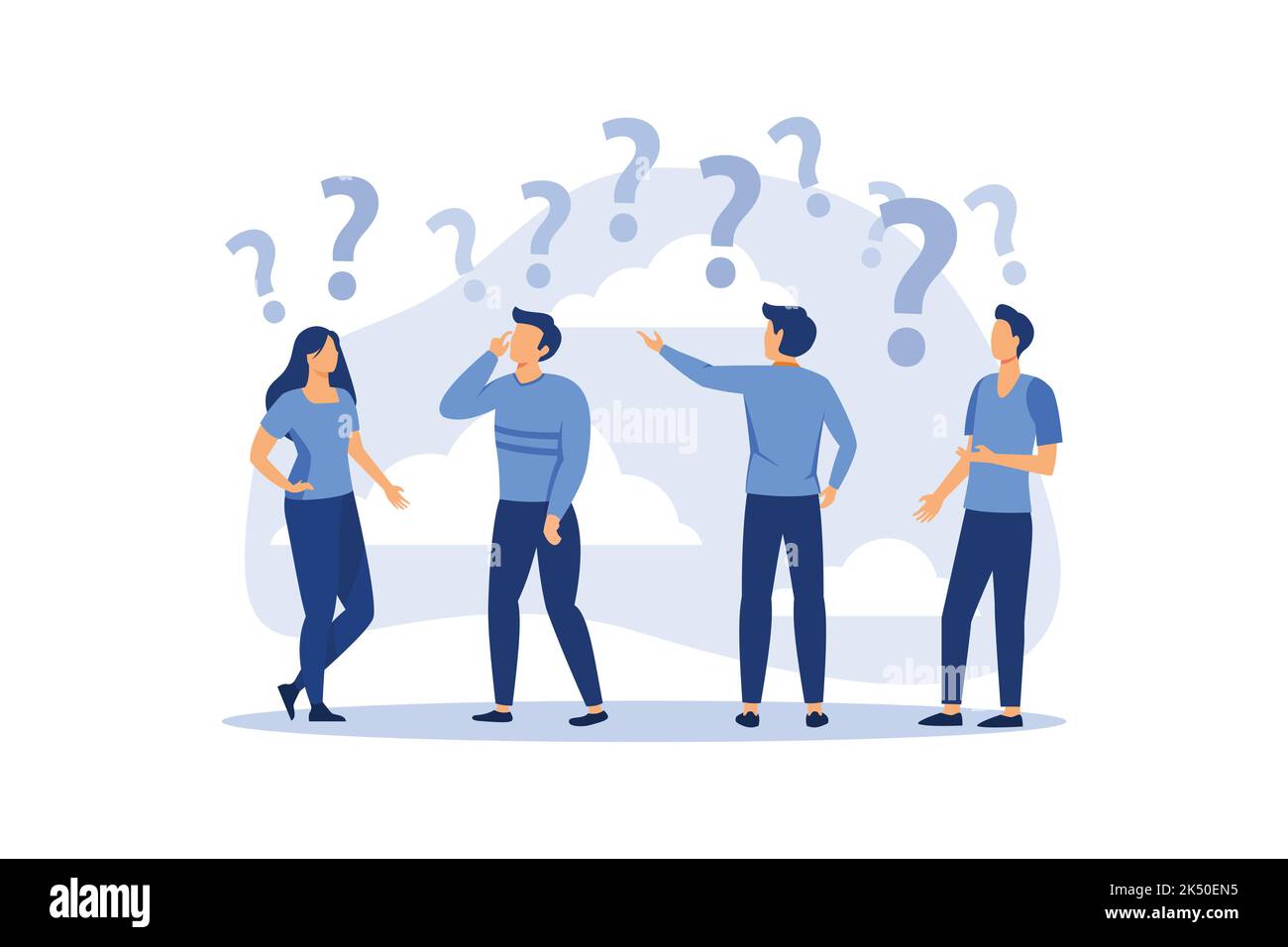 illustrazione concettuale di persone domande frequenti intorno a punti di domanda, risposta alla metafora della domanda vettore piatto disegno moderno Illustrazione Vettoriale