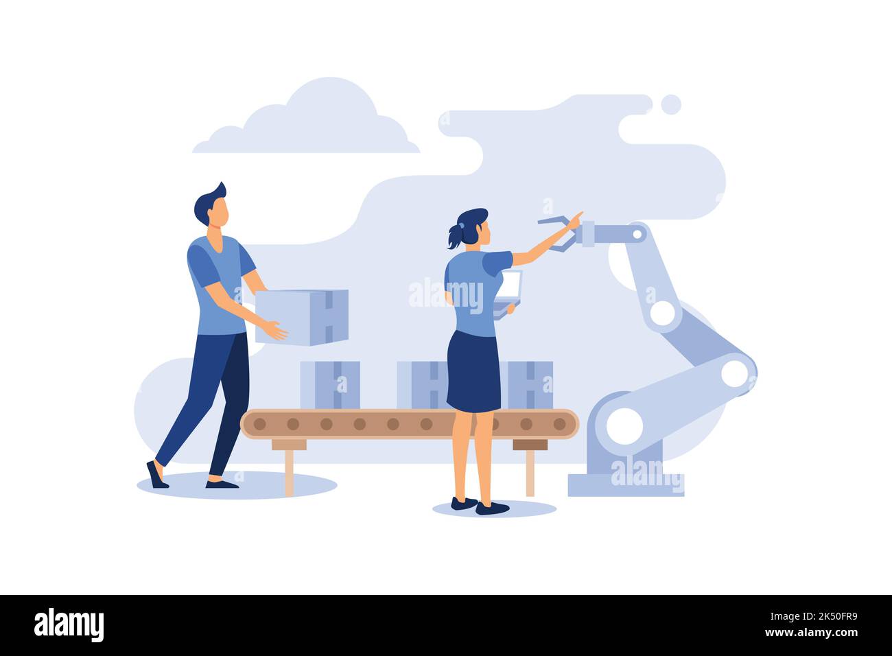 Smart Industry Concept, che mostra come l'automazione delle macchine robotiche viene coinvolta in una moderna fase di produzione in fabbrica, adatta per landing page, UI, web, fl Illustrazione Vettoriale