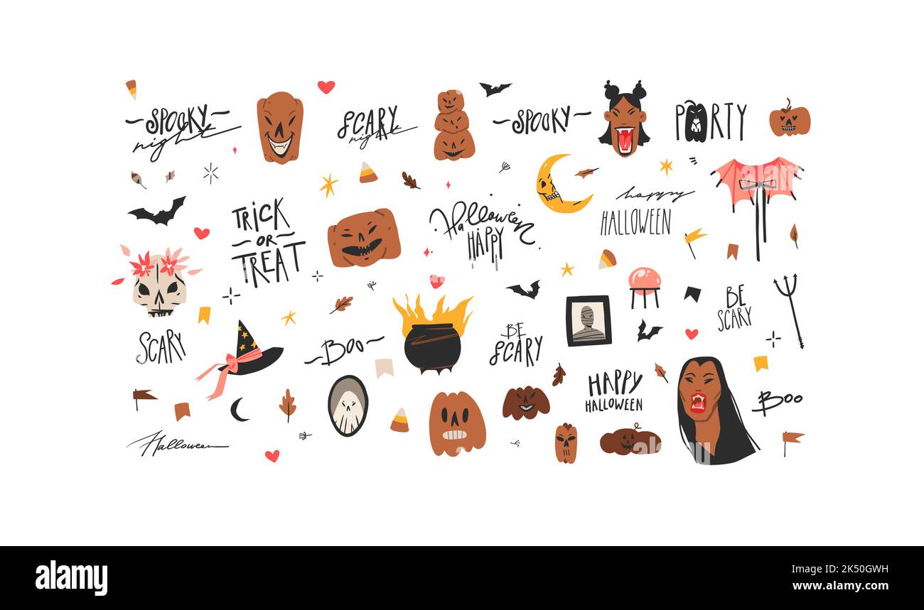 Illustrazioni grafiche astratte del clipart disegnate a mano, elementi di festa di Halloween, clipart e lettering collezione set.Creepy Halloween design Illustrazione Vettoriale