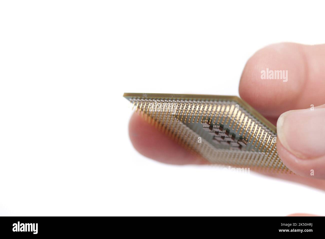 Dita che tengono il chip del processore del computer cpu con i pin mostrati Foto Stock