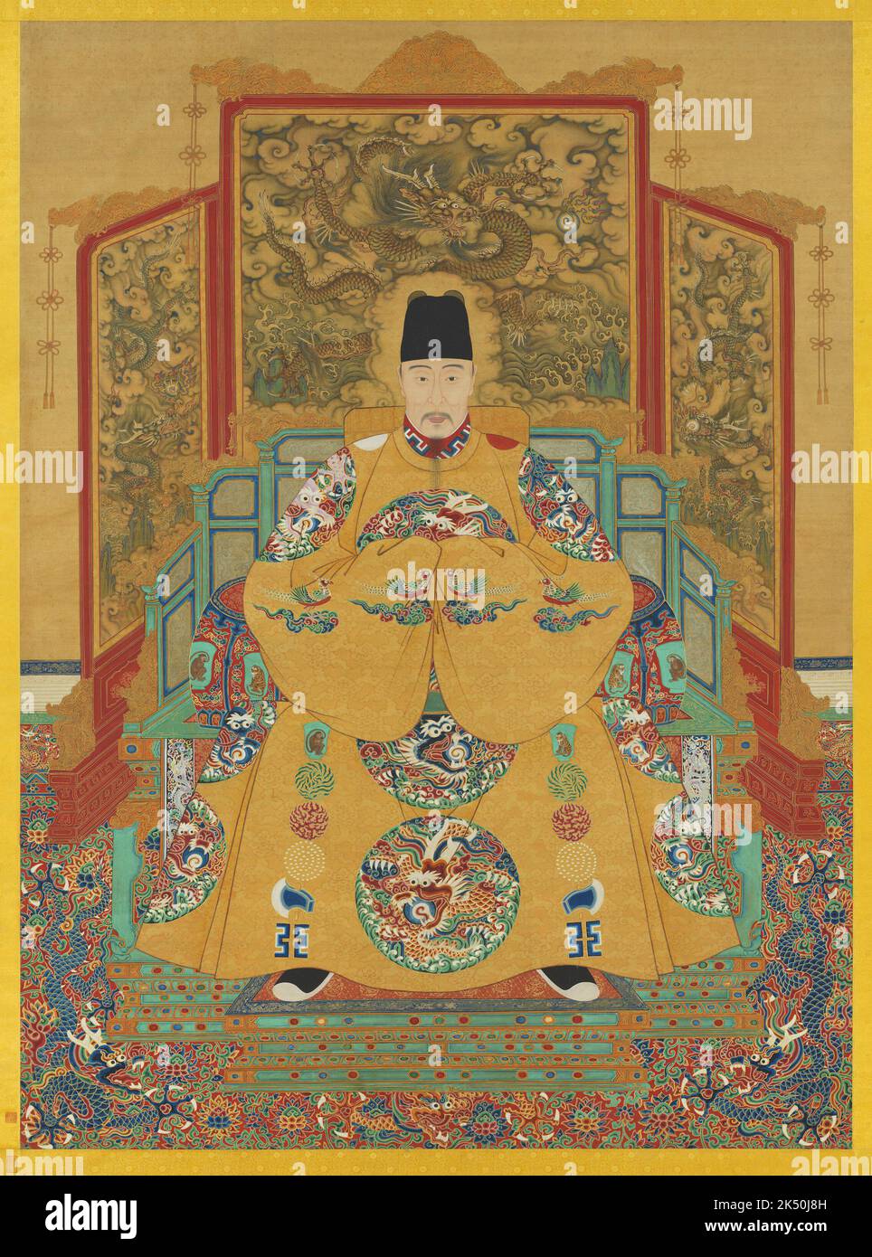 Cina: Imperatore Jiajing (16 settembre 1507 - 23 gennaio 1567), dodicesimo sovrano della dinastia Ming (r. 1521-1567). Pittura a chiocciola sospesa, XVI-XVII secolo. L'Imperatore Jiajing (1507-1567), nome personale Zhu Houcong e nome del tempio Shizong, fu il 12° Imperatore della Dinastia Ming. Il suo nome d'epoca significa 'Admirable tranquility'. Dopo 45 anni sul trono (il secondo regno più lungo della dinastia Ming), l'Imperatore Jiajing morì nel 1567, probabilmente a causa di un sovradosaggio di mercurio, e gli succedette il figlio, l'Imperatore Longqing. Foto Stock