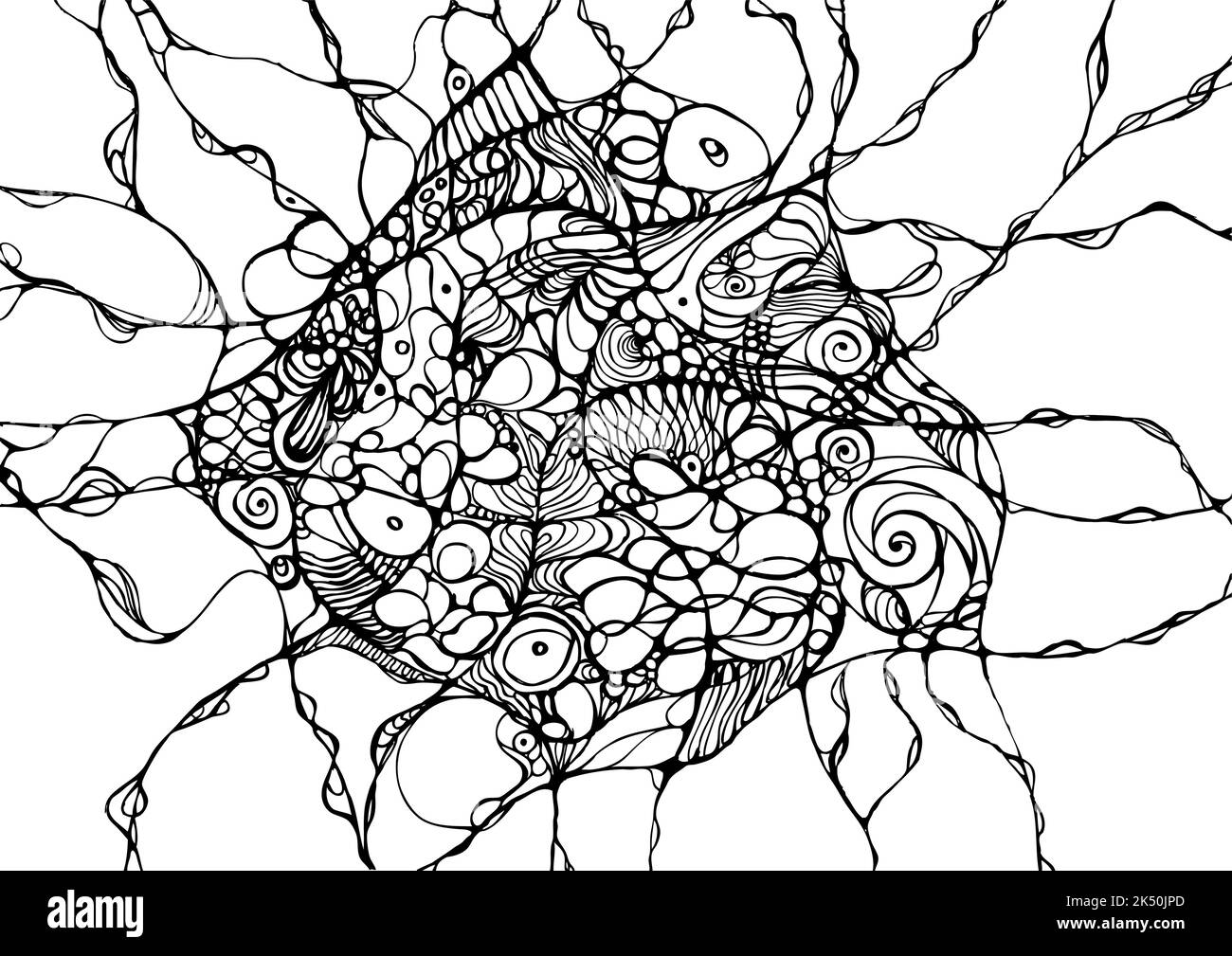 Neurographic Art Drawing Mindfulness Connection Neurons Illustrazione Bianco e nero pagina da colorare Illustrazione Vettoriale