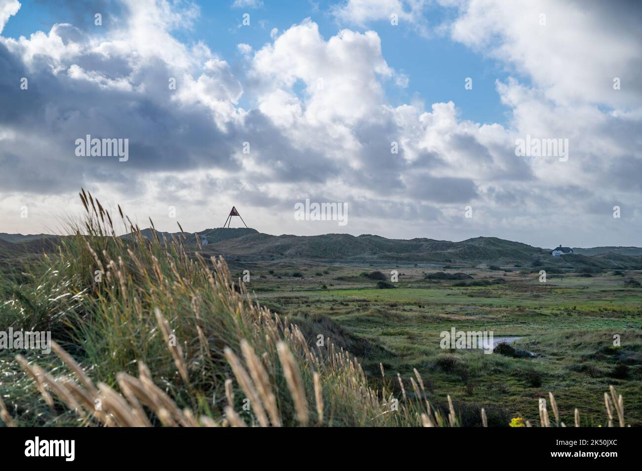 Paesaggio tra Ringkøbingfjord e Mare del Nord vicino Hvide Sande con il marchio di Hauvig sullo sfondo Foto Stock