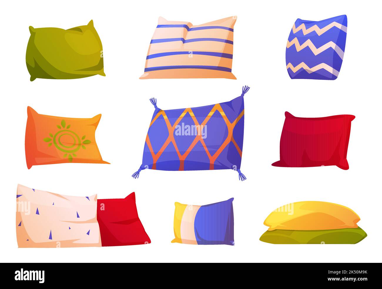Set di cartoni animati di cuscini colorati isolati su sfondo bianco.  Illustrazione vettoriale di cuscini rettangolari e quadrati con diversi  ornamenti per guarire Immagine e Vettoriale - Alamy