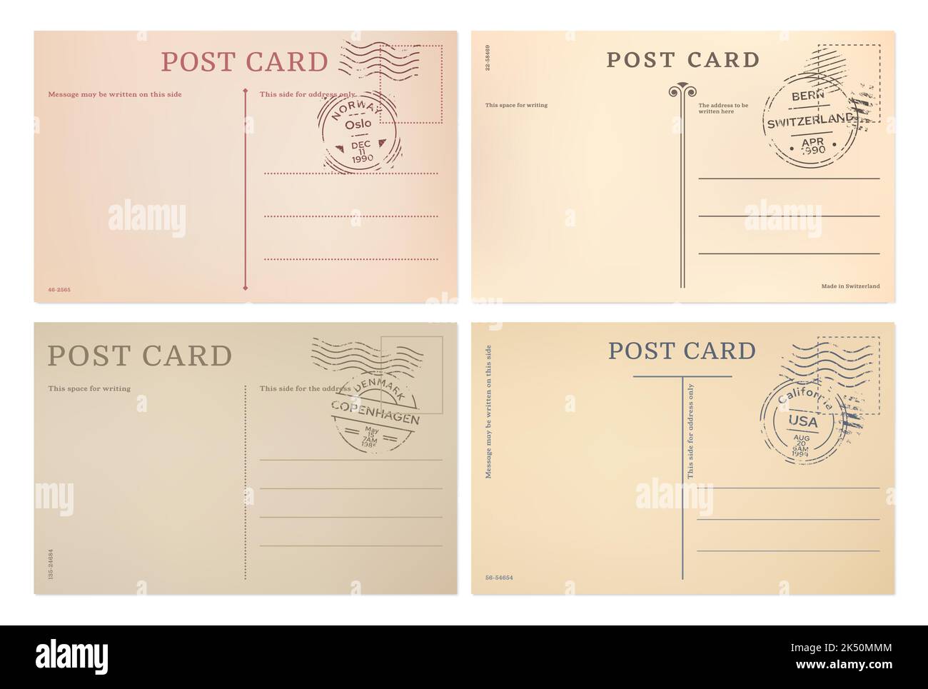 Cartoline vintage e modelli di cartoline da Oslo, Copenaghen, Berna e California. Cartoline vettoriali sfondi invertiti con francobolli postali di Norvegia, Danimarca, Stati Uniti o Svizzera cartoline di viaggio Illustrazione Vettoriale