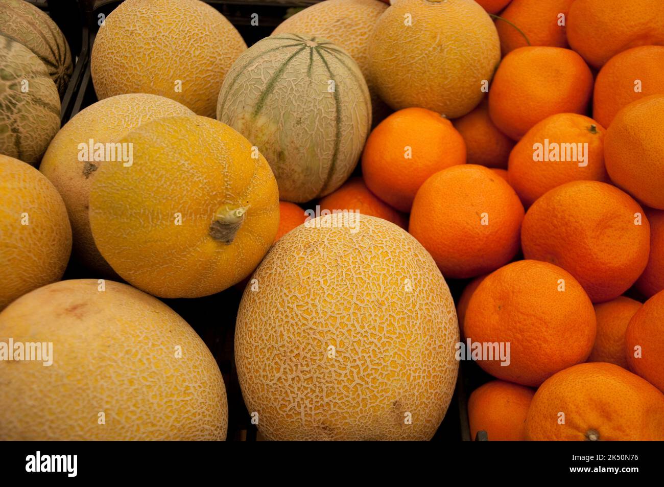 Meloni e arance in una bancarella di frutta al mercato municipale di Cascais, Cascais, Portogallo Foto Stock