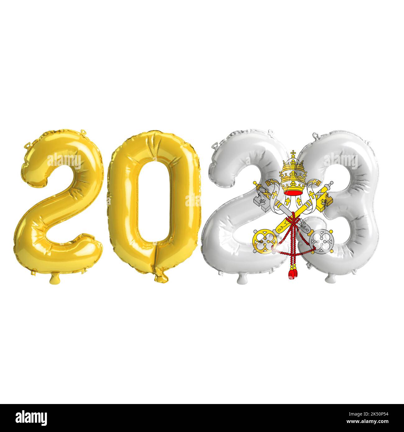 3D illustrazione di palloncini di 2023 anni con la bandiera del Vaticano isolata su sfondo bianco Foto Stock