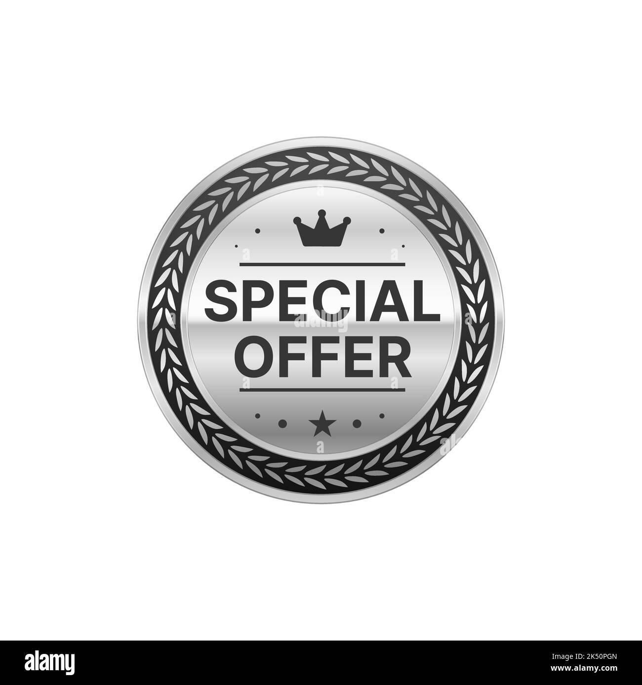 Offerta speciale badge ed etichetta argento. Adesivo o etichetta premium per la vendita del negozio, pubblicità a prezzi scontati o logo o cartello in argento vettoriale per la promozione. Scopri l'offerta speciale simbolo metallizzato con corona e corona di alloro Illustrazione Vettoriale