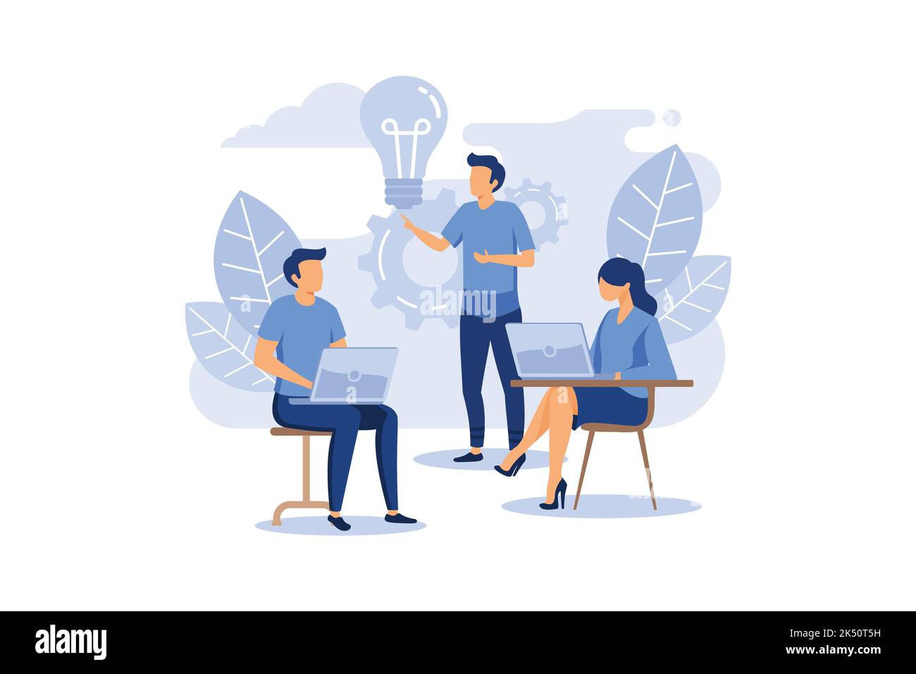 assistente online al lavoro. promozione in rete. manager al lavoro remoto, alla ricerca di nuove idee soluzioni, lavorando insieme in azienda, cervelli Illustrazione Vettoriale