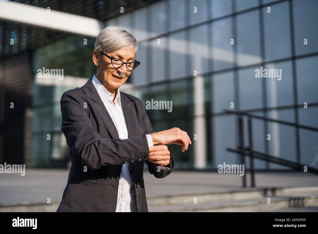 Ritratto all'aperto di una donna d'affari senior di successo di fronte alla costruzione dell'azienda. Foto Stock