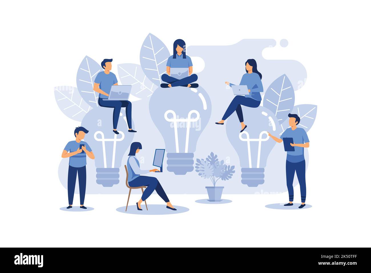 Team aziendale che collabora, si occupa di brainstorming, si occupa di idee per il progetto. Persone che si incontrano alla scrivania in ufficio. Illustrazione flat Vector Illustrazione Vettoriale