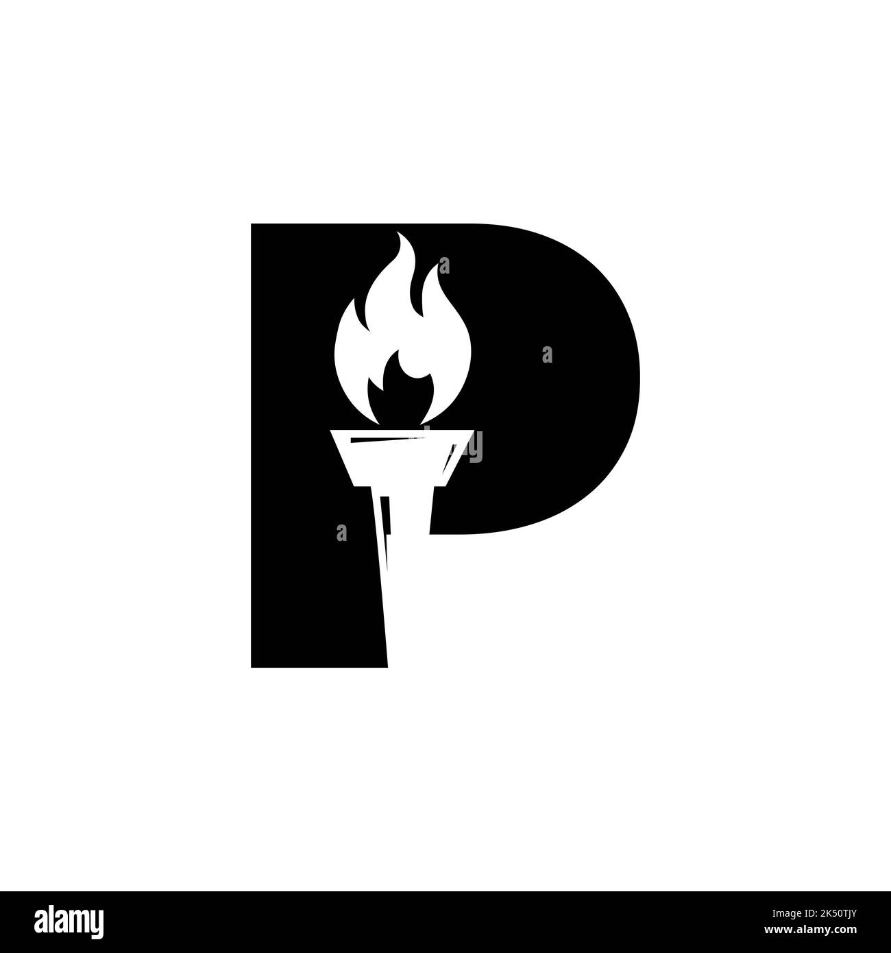 Lettera iniziale concetto di torcia da fuoco P con simbolo vettoriale icona di torcia e fuoco Illustrazione Vettoriale