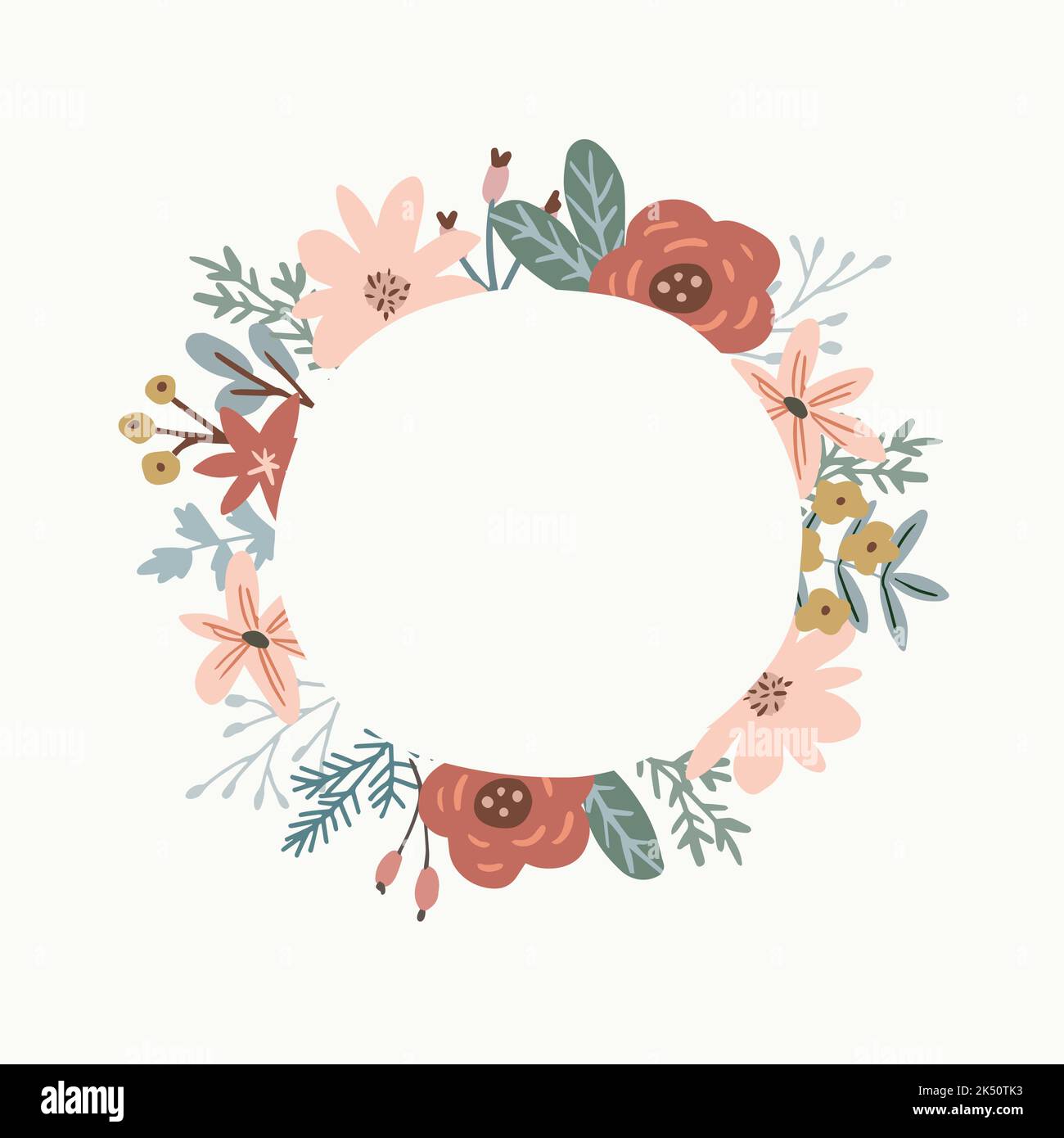 Biglietto di auguri di Natale, invito. Inverno, estate cornice floreale, corona di poinsettia, fiori. Rose, bacche e rami di abete. Copia vuota Illustrazione Vettoriale