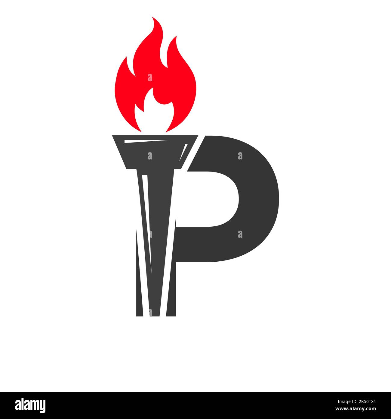 Lettera iniziale concetto di torcia da fuoco P con simbolo vettoriale icona di torcia e fuoco Illustrazione Vettoriale