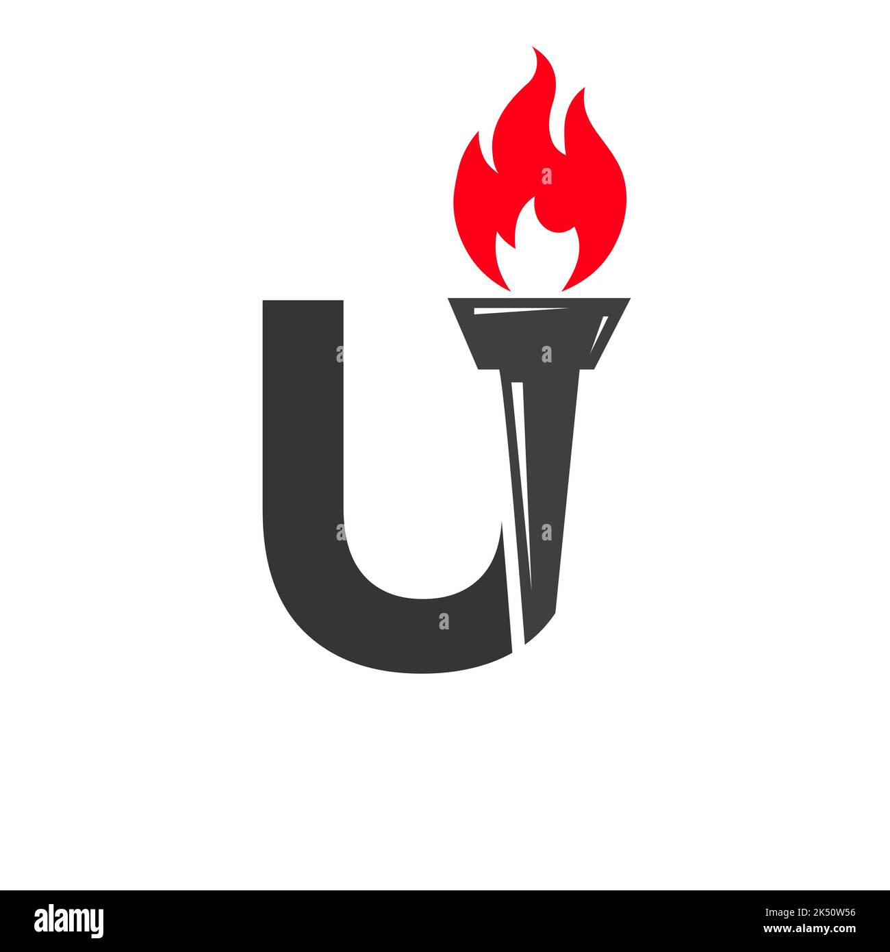 Lettera iniziale U concetto di torcia da fuoco con simbolo vettoriale icona di fiamma e torcia Illustrazione Vettoriale