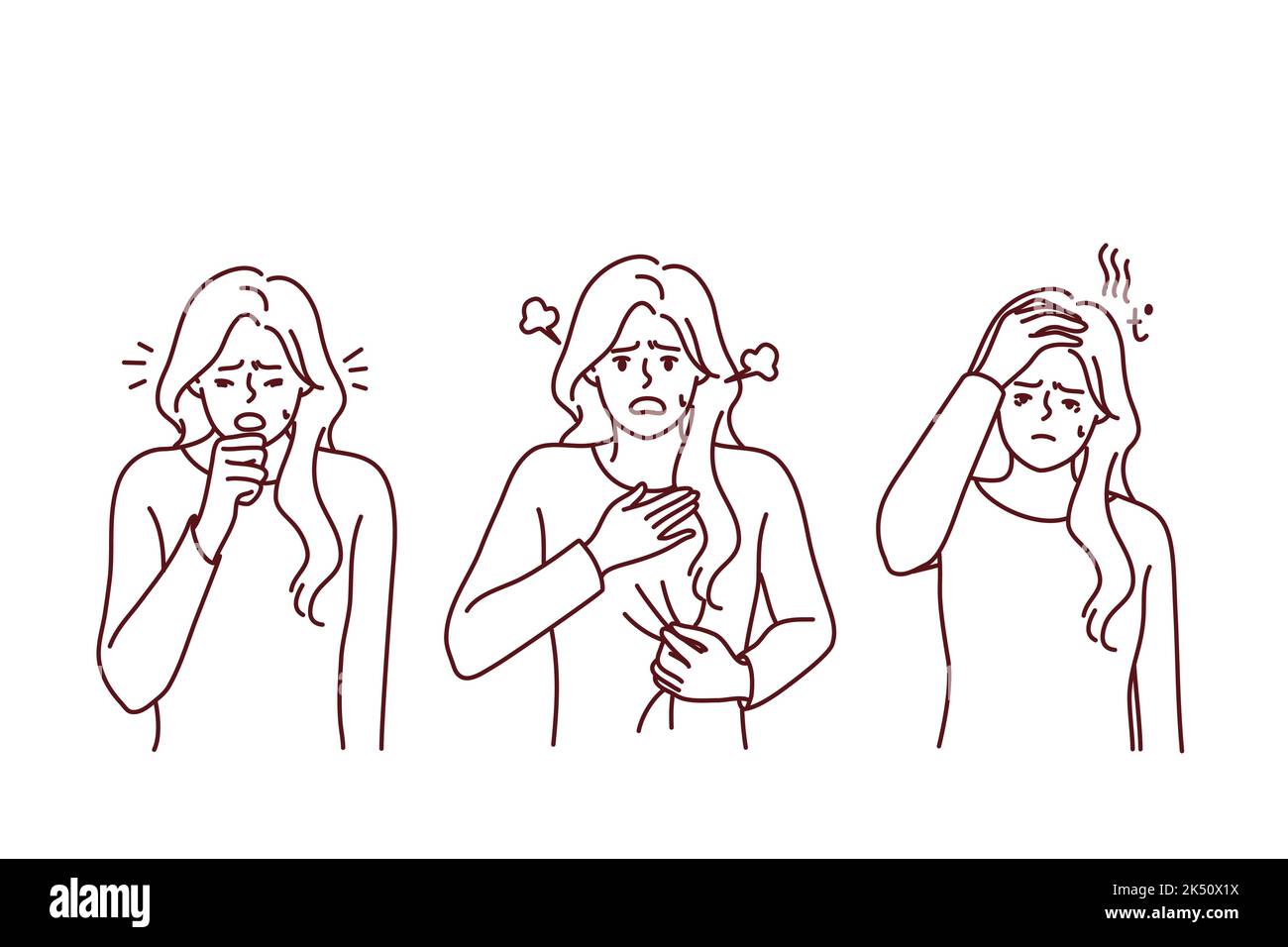 Donna malsana soffre di sintomi di covid-19. Malessere lotta ragazza da coronavirus hanno tosse e respiro corto. Illustrazione vettoriale. Illustrazione Vettoriale