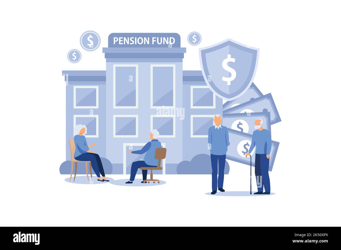 Le persone anziane ottengono denaro risparmiato dal fondo pensione. Pensionato in abiti casual vicino a istituzione statale. Uomo che tiene la banconota grande sopra, Granny che parla o Illustrazione Vettoriale