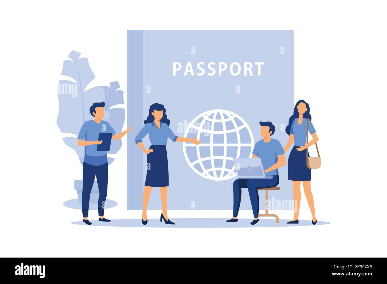 concetto di viaggio, un uomo si siede vicino a un passaporto e sceglie una direzione dove andare, viaggio d'affari piano vettore illustrazione Illustrazione Vettoriale