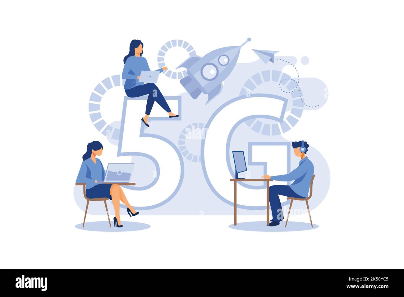 Illustrazione vettoriale di Internet 5G. Un uomo con un portatile al tavolo, un altro con una valigetta sta camminando accanto al razzo, le donne sono sedute su un 5 Illustrazione Vettoriale