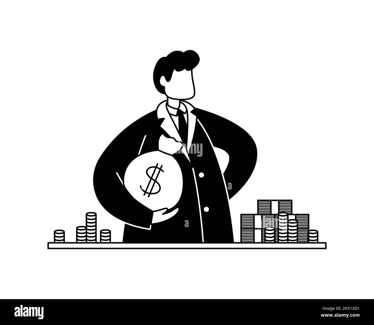 Illustrazione vettoriale di un banchiere con una borsa di denaro, monete e banconote. Professione. Contorno Illustrazione Vettoriale