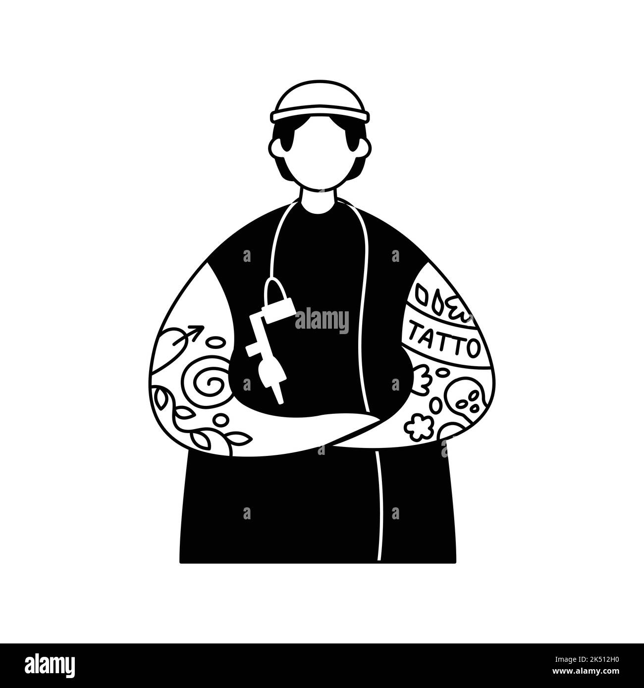 Illustrazione vettoriale di un artista tatuaggio in un abito da hipster e una pistola da tatuaggio. Professione. Contorno Illustrazione Vettoriale