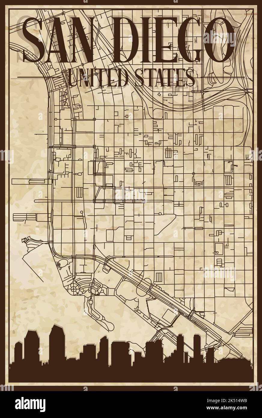 Mappa stampata a mano della rete di strade del centro di SAN DIEGO, STATI UNITI D'AMERICA Illustrazione Vettoriale