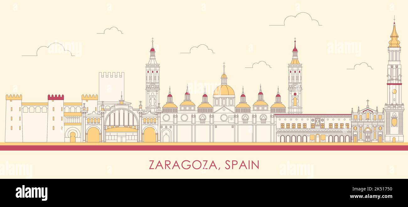 Panorama di Cartoon Skyline di Saragozza, Aragona, Spagna - illustrazione vettoriale Illustrazione Vettoriale