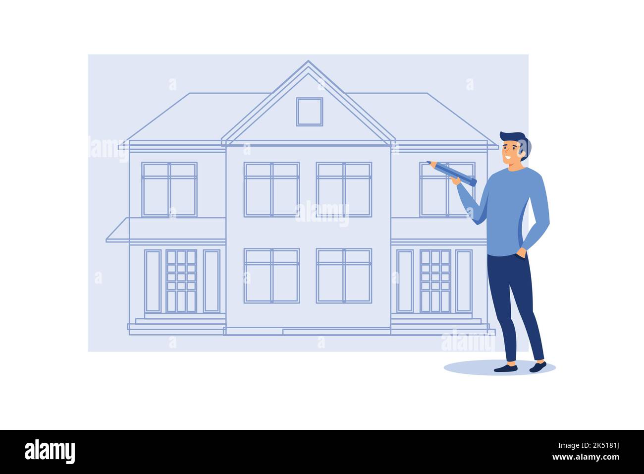 uomo d'affari che progetta di comprare una casa nel prossimo futuro con la matita e la casa. Illustrazione vettoriale piatta del progetto immobiliare e dell'alloggiamento Illustrazione Vettoriale