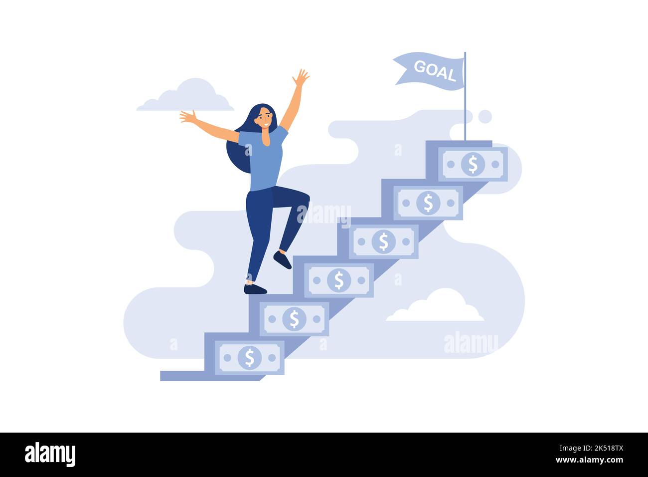 Donna d'affari che cammina su modo crescente di soldi in cielo, cartoon illustrazione vettoriale Illustrazione Vettoriale