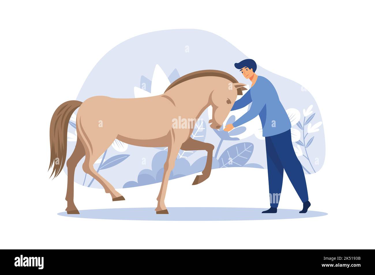 Persona equestre che cura il cavallo, pettinando i capelli della coda. Horseman rider ragazzo capretto personaggio cartone animato prendersi cura di animali domestici animale domestico al ranch fattoria. Uguale Illustrazione Vettoriale