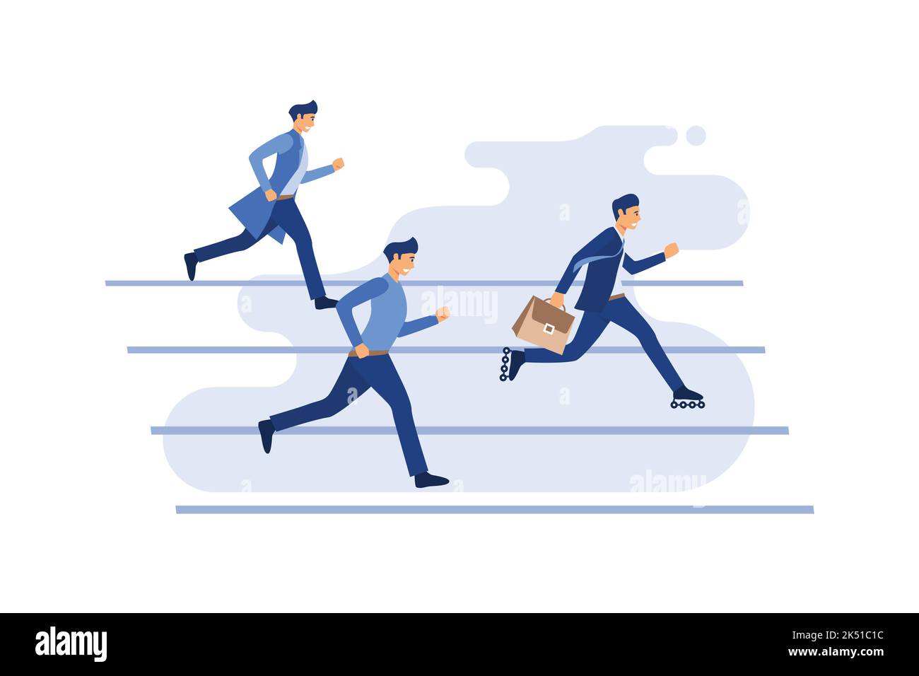 I lavoratori del colletto bianco in tuta nera racing su pista da corsa e una borsa portadocumenti intelligente si portano avanti indossando pattini in linea. Auto vettoriale creativa Illustrazione Vettoriale