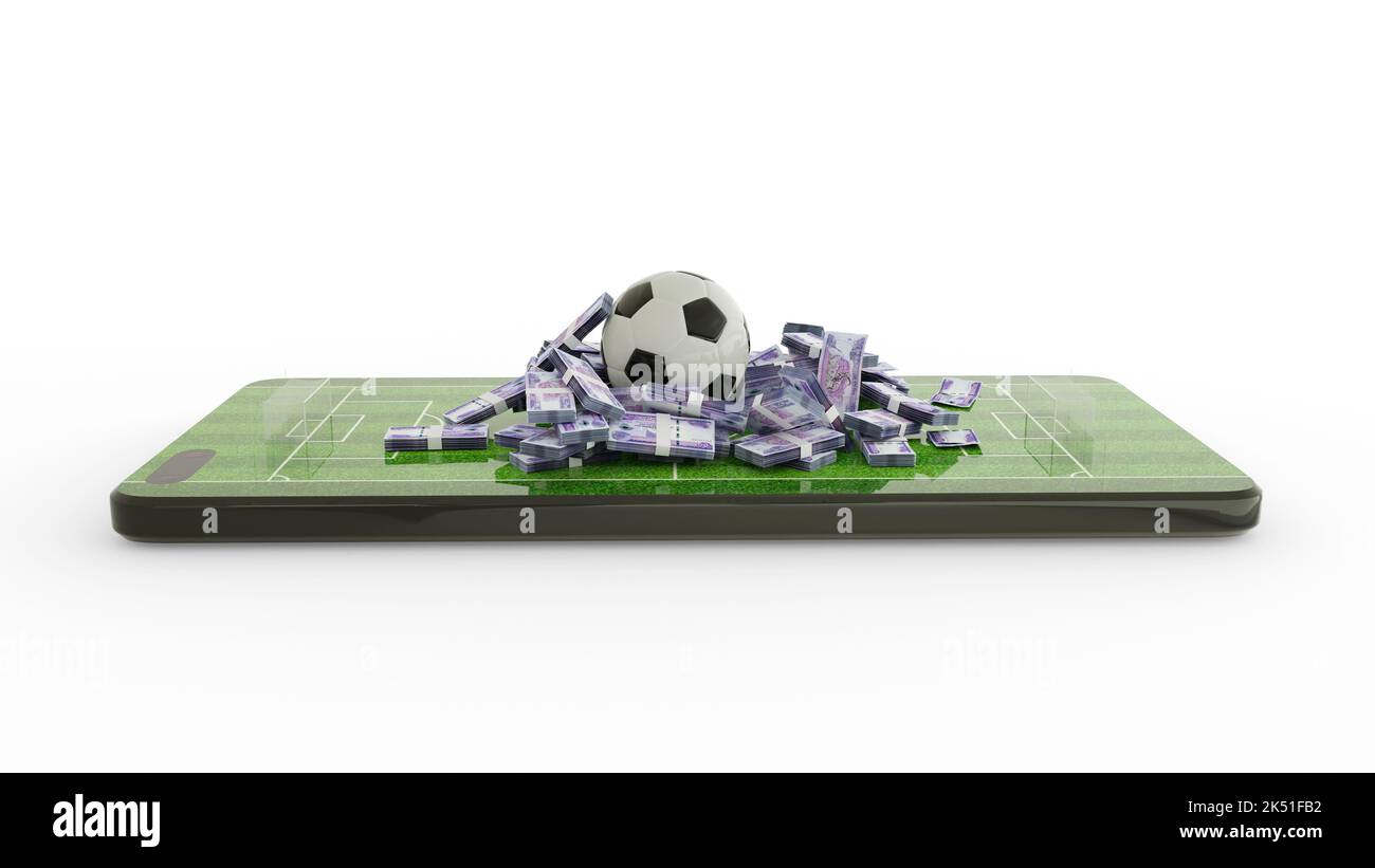 Rendering 3d delle scommesse di calcio su cellulare. Calcio ed etiopia appunti sullo schermo del telefono. Campo da calcio sullo schermo dello smartphone Foto Stock