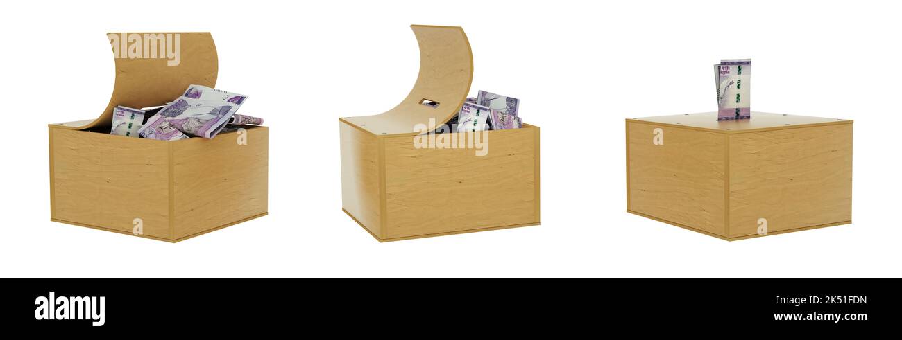 Note di birr etiope all'interno di una scatola di risparmio in legno aperta. insieme di concetto di risparmio. Generico Piggy Bank, Penny Bank, Money Box. rendering 3d. Foto Stock