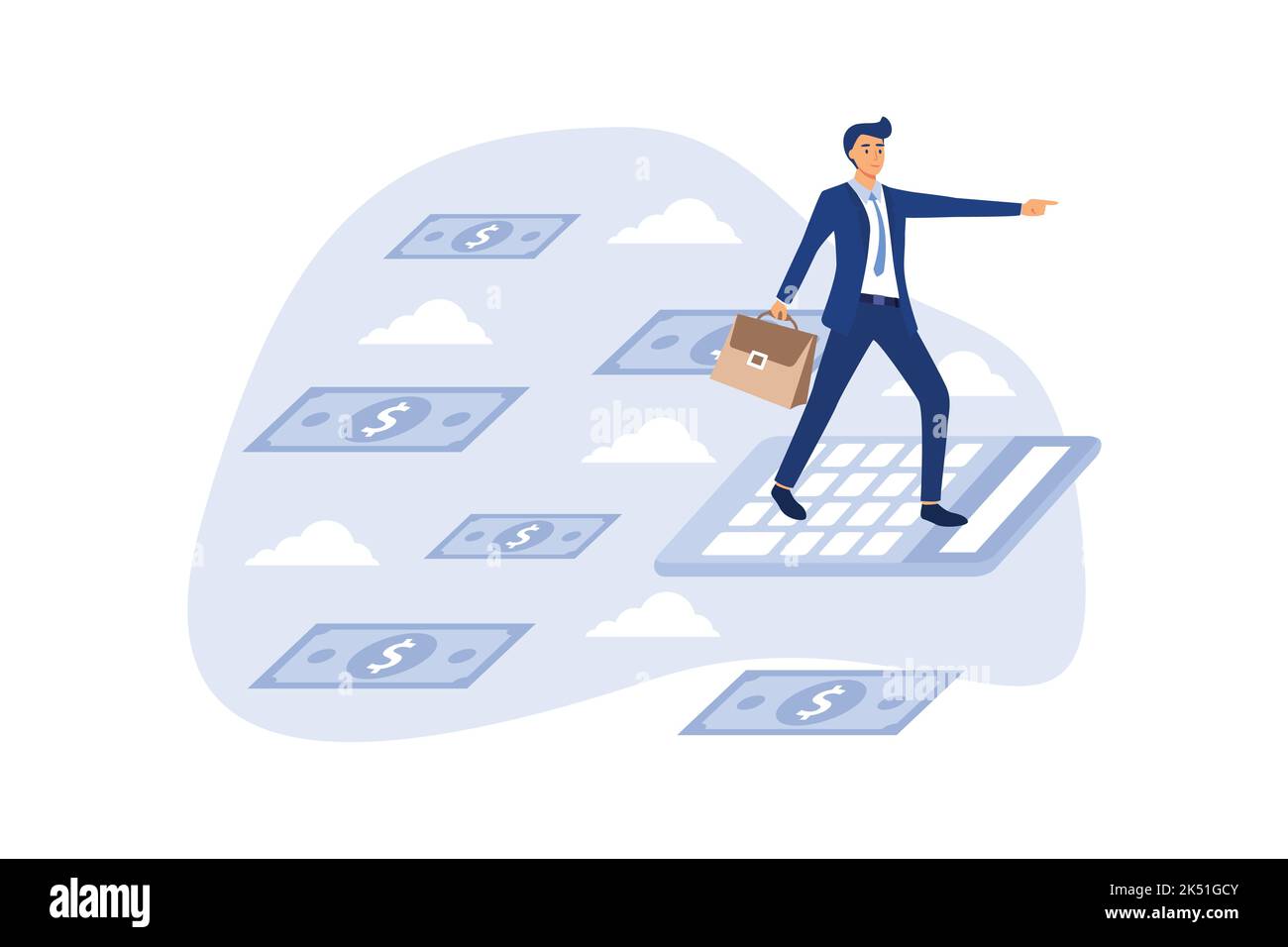 Uomo d'affari che vola con carta moneta e nuvole su sfondo blu. Illustrazione vettoriale. Concetto aziendale. Illustrazione Vettoriale