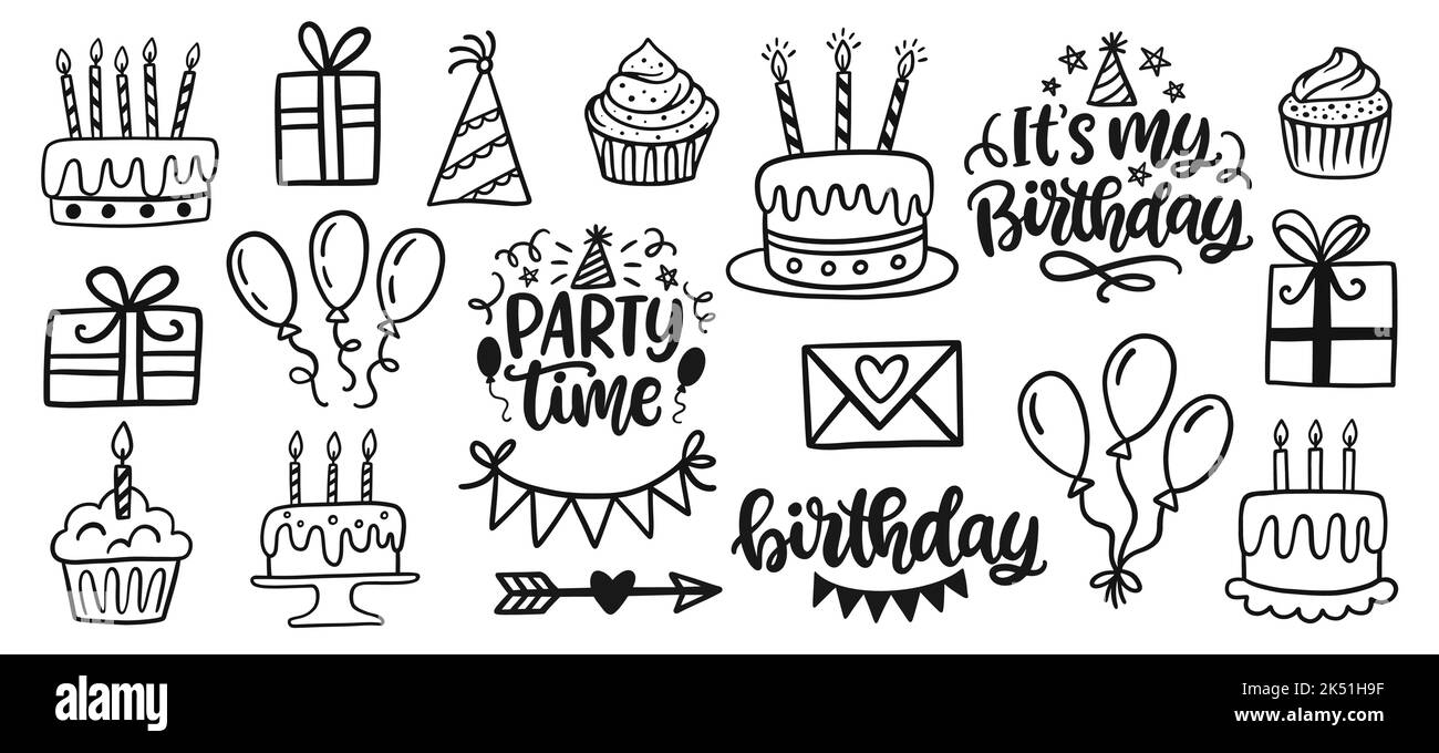 Set di happy birthday doodles schizzo di decorazioni per feste