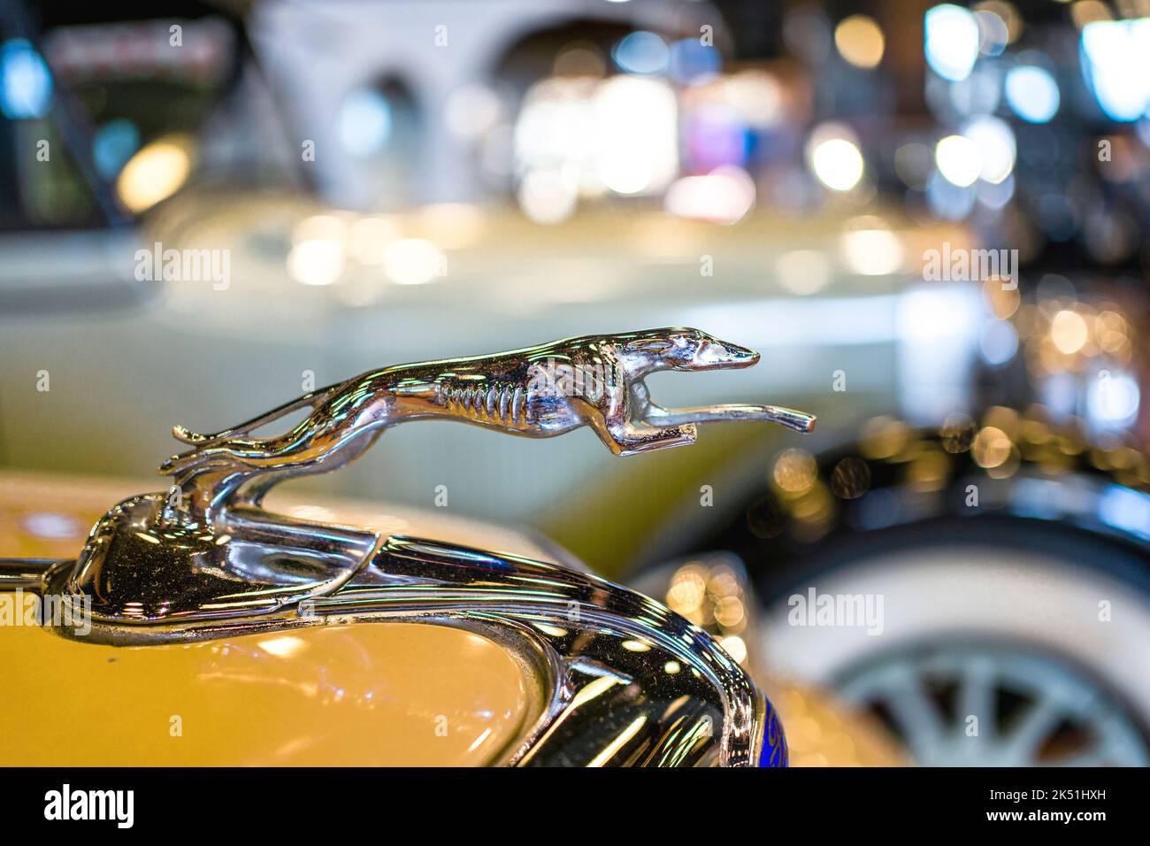 Ford Greyhound cofano ornamento sulla macchina retrò giallo. Foto Stock