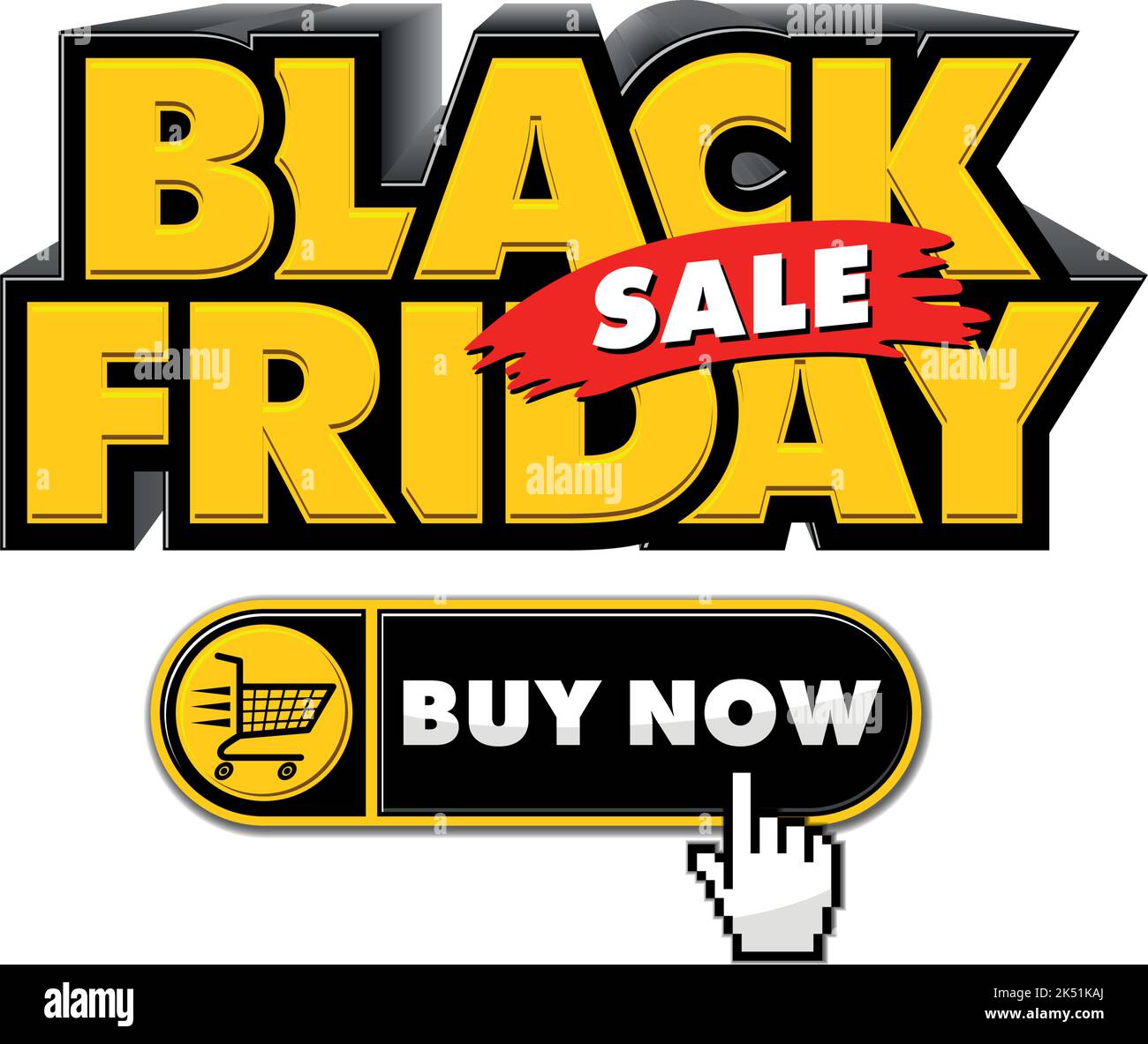 Black Friday acquista ora semplice clic pulsante. Concetto di cliente che prende le decisioni o pre-ordine facili e negozio in linea o e-commercio. Vettore cartone piatto su t Illustrazione Vettoriale