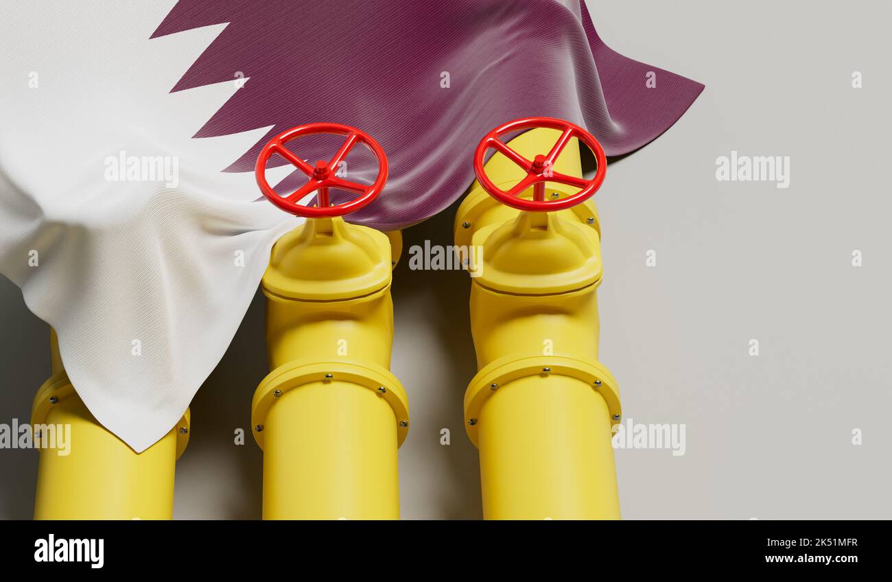 Bandiera del Qatar che copre una tubazione del gas e del petrolio. Concetto di industria petrolifera. Rendering 3D Foto Stock