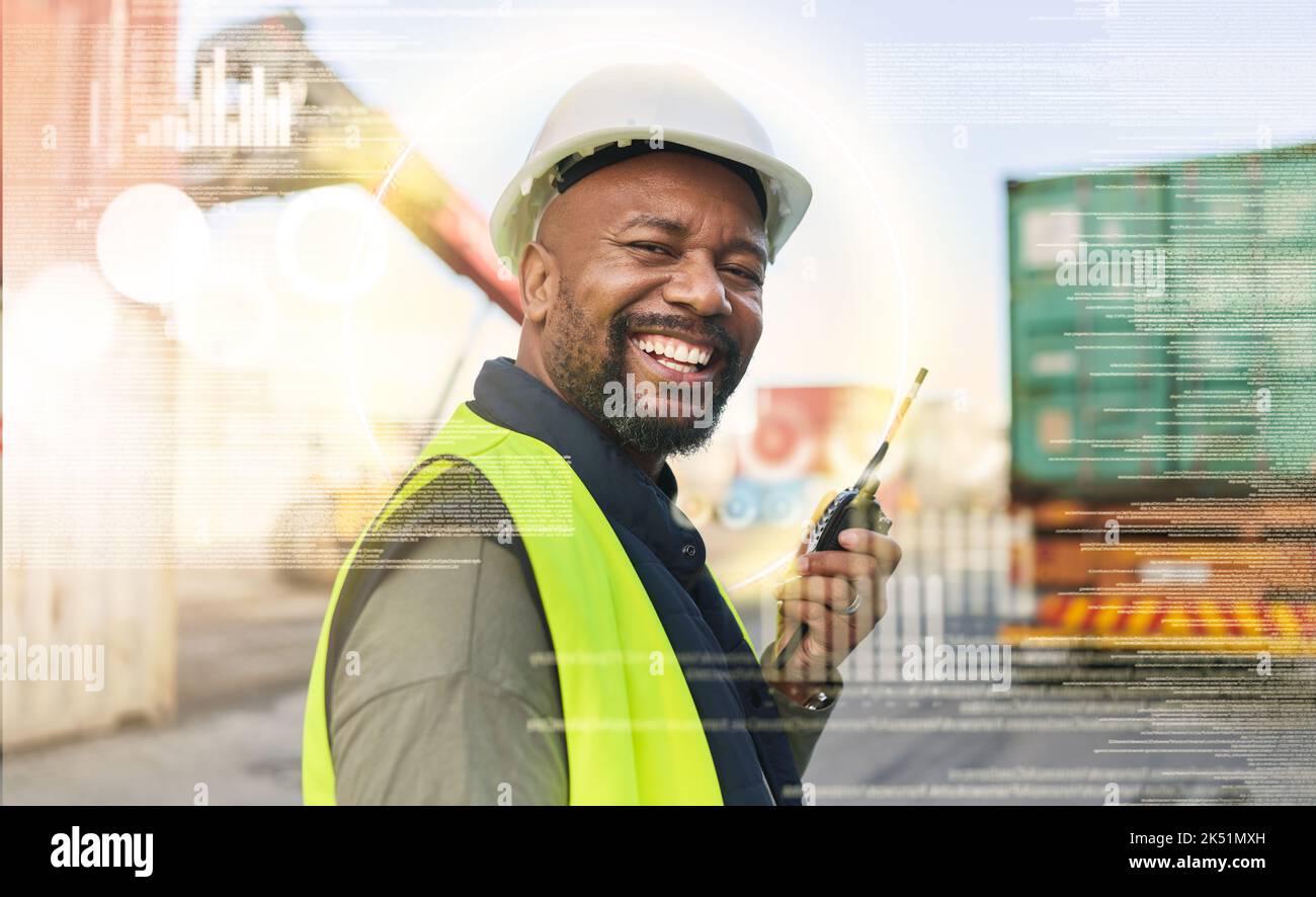 Uomo, sorriso e lavoro nella logistica con radio a portata di mano per la comunicazione con camion al porto in sovrapposizione olografica. Uomo nero, felice e futuro di Foto Stock