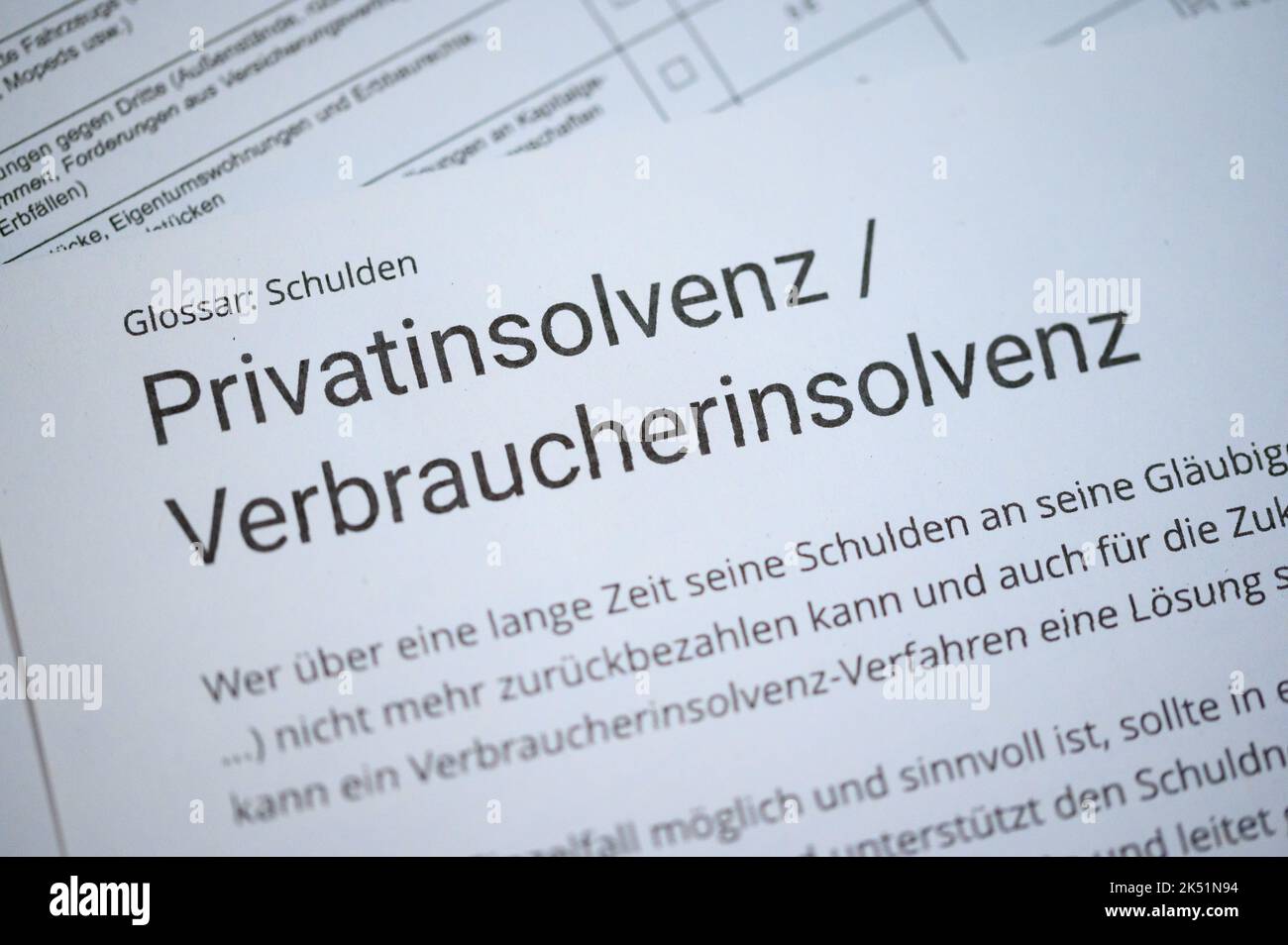 PRODUZIONE - 26 settembre 2022, Amburgo: Un testo informativo sull'insolvenza privata/insolvenza dei consumatori si trova su una richiesta di apertura di una procedura di insolvenza. Foto: Jonas Walzberg/dpa Foto Stock