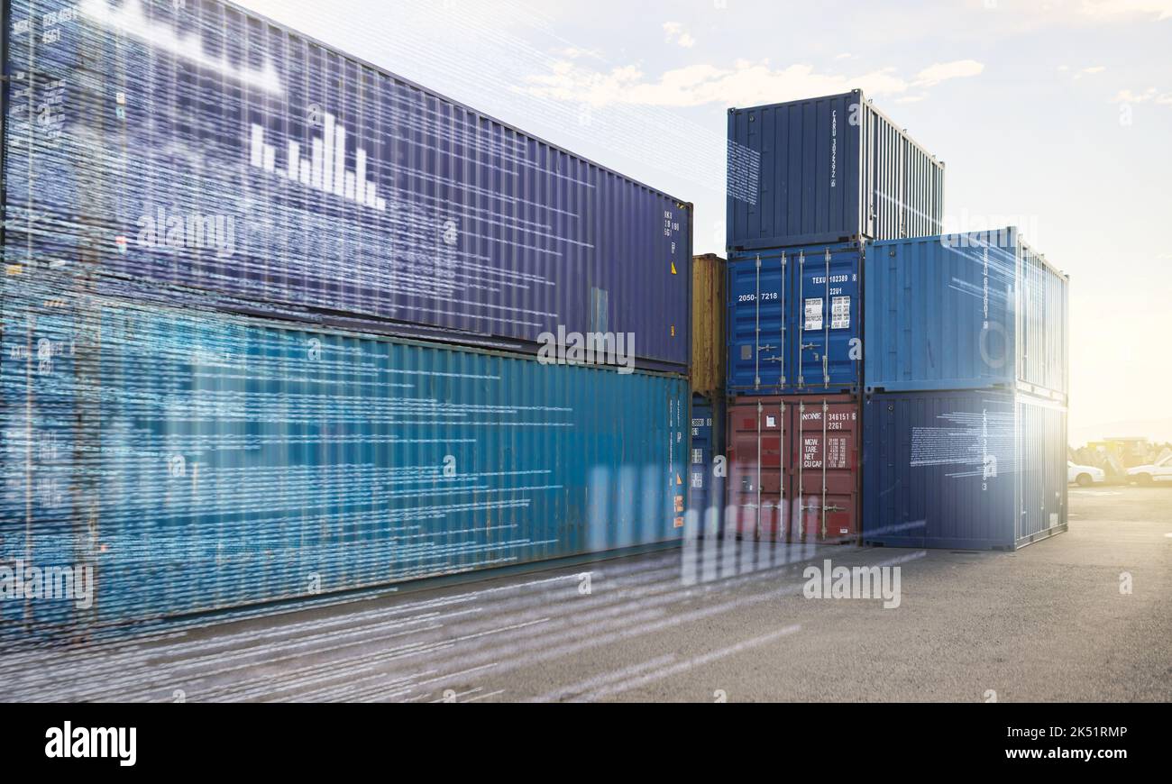 Copertura logistica dei trasporti, trasporto merci e distribuzione con consegna merci in tutto il mondo. Logistica, importazione ed esportazione del corriere di eCommerce Foto Stock