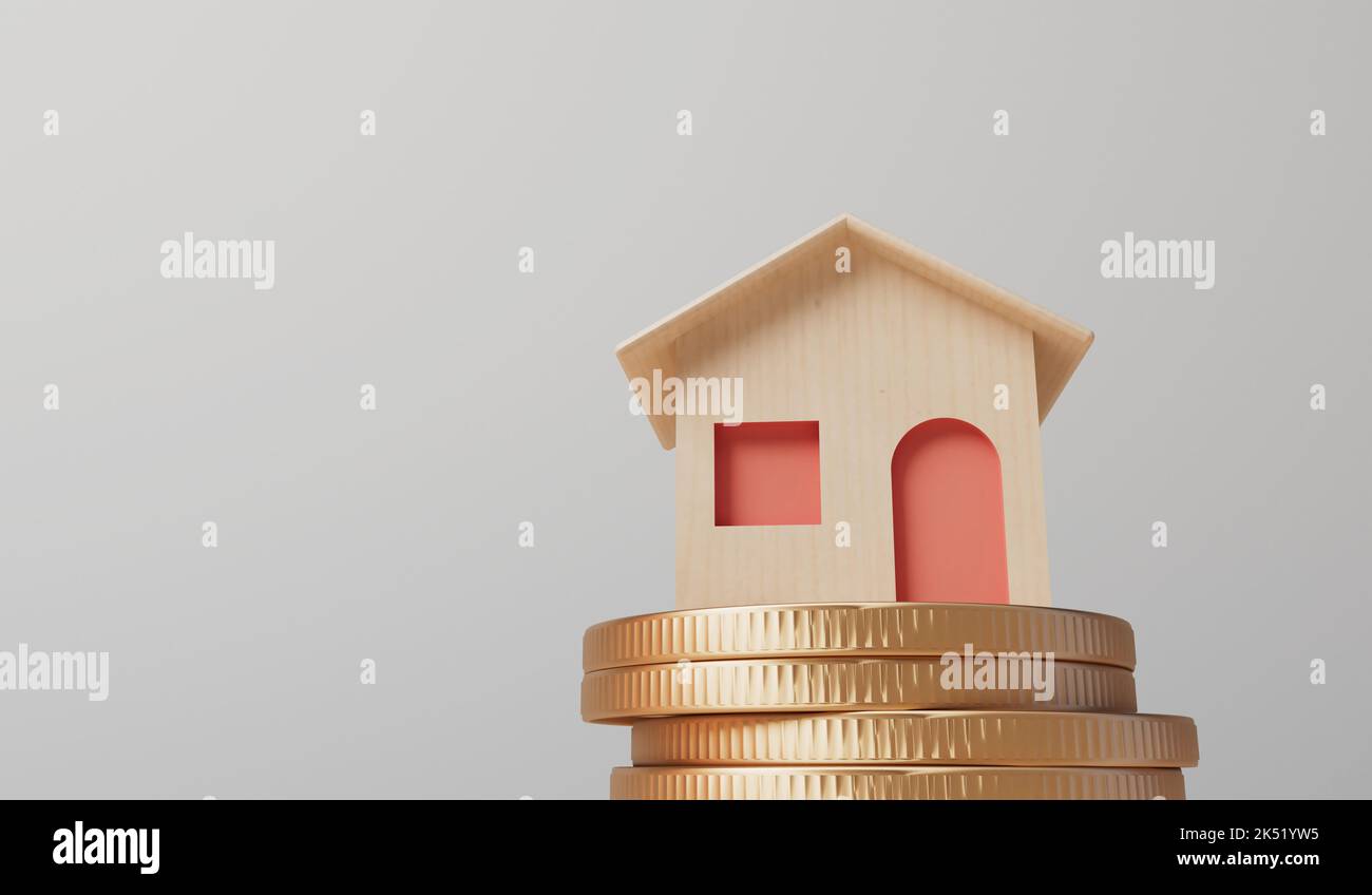Finanza domestica e concetto di investimento immobiliare. Piccola casa con una pila di monete. Rendering 3D Foto Stock