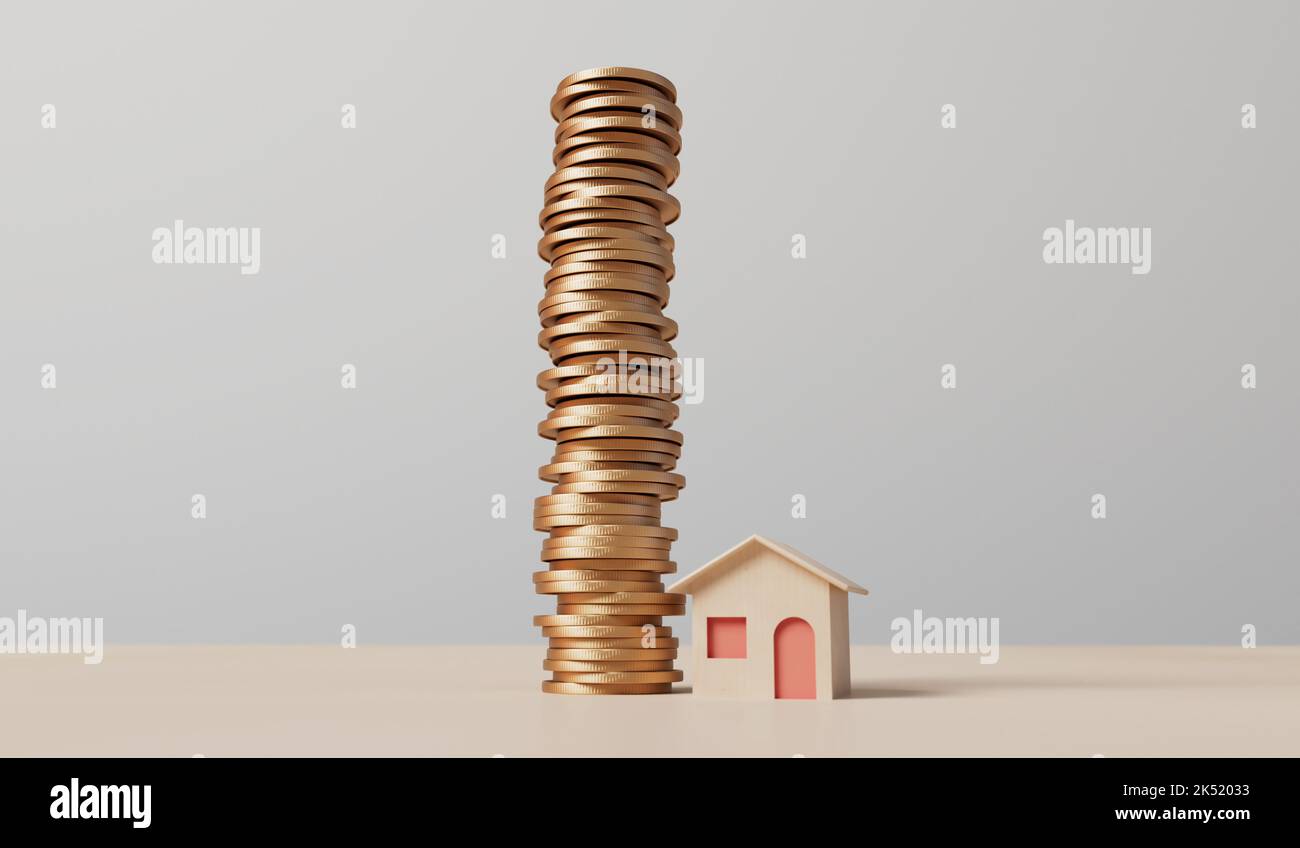 Finanza domestica e concetto di investimento immobiliare. Piccola casa con una pila di monete. Rendering 3D Foto Stock