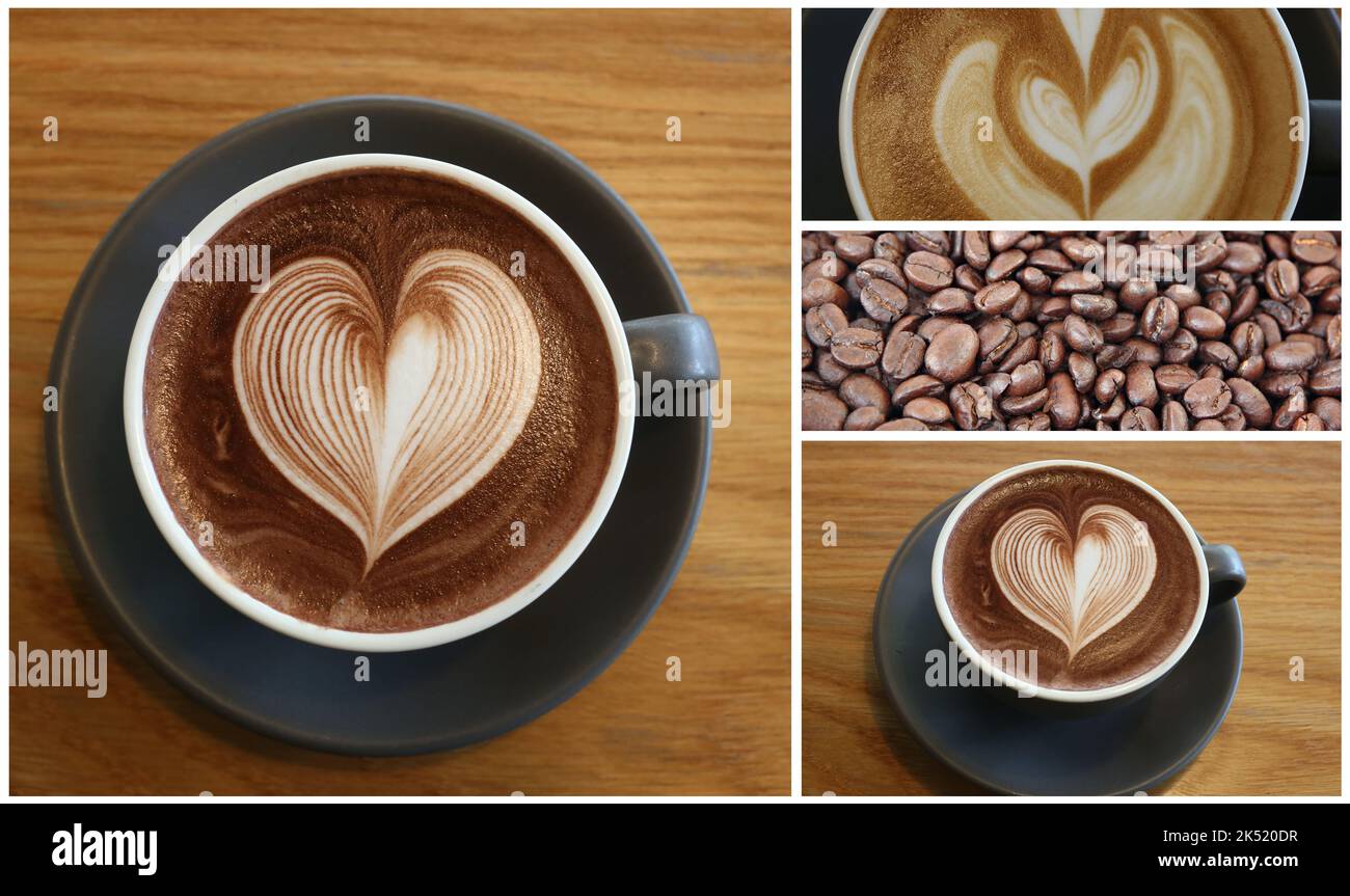 Tazze da caffè poste su un tavolo in una caffetteria, latte art in vetro bianco in un caffè per il design nel vostro concetto di lavoro. Foto Stock