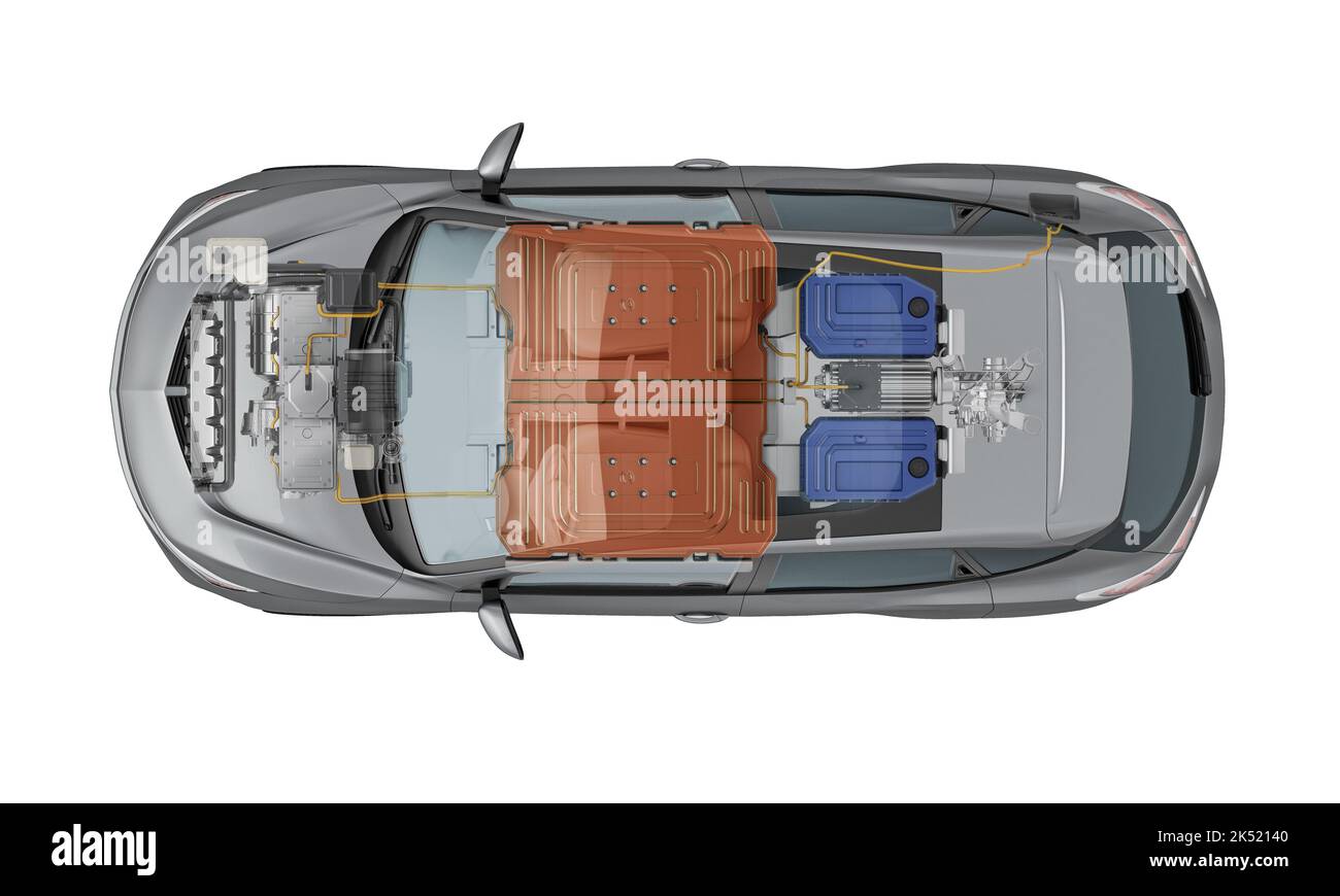 Rendering 3D elettrico generico auto tecnica in sezione con tutti i principali dettagli del sistema EV in effetto fantasma. Vista dall'alto su sfondo bianco. Foto Stock