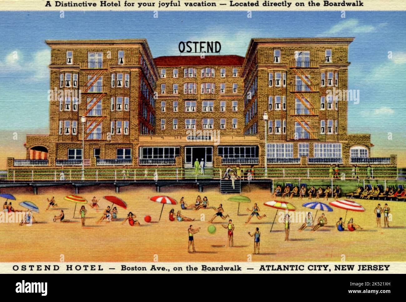 Un hotel distintivo per la vostra vacanza gioiosa - situato direttamente sul Boardwalk - Ostend Hotel - Boston Avenue sul Boardwalk - Atlantic City, New Jersey - Postcard, circa 1941 Foto Stock