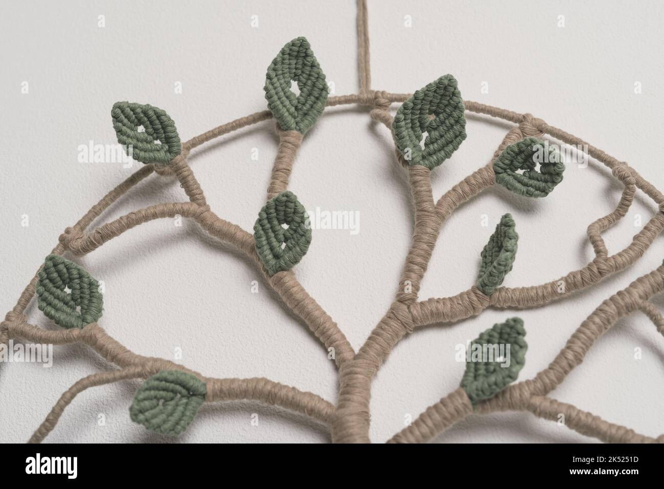 Albero di vita macrame fatto a mano parete decorazione foglie verdi e lunghe radici cotone stringa macramé nodo tecniche bianco fondo camera appeso parete Foto Stock
