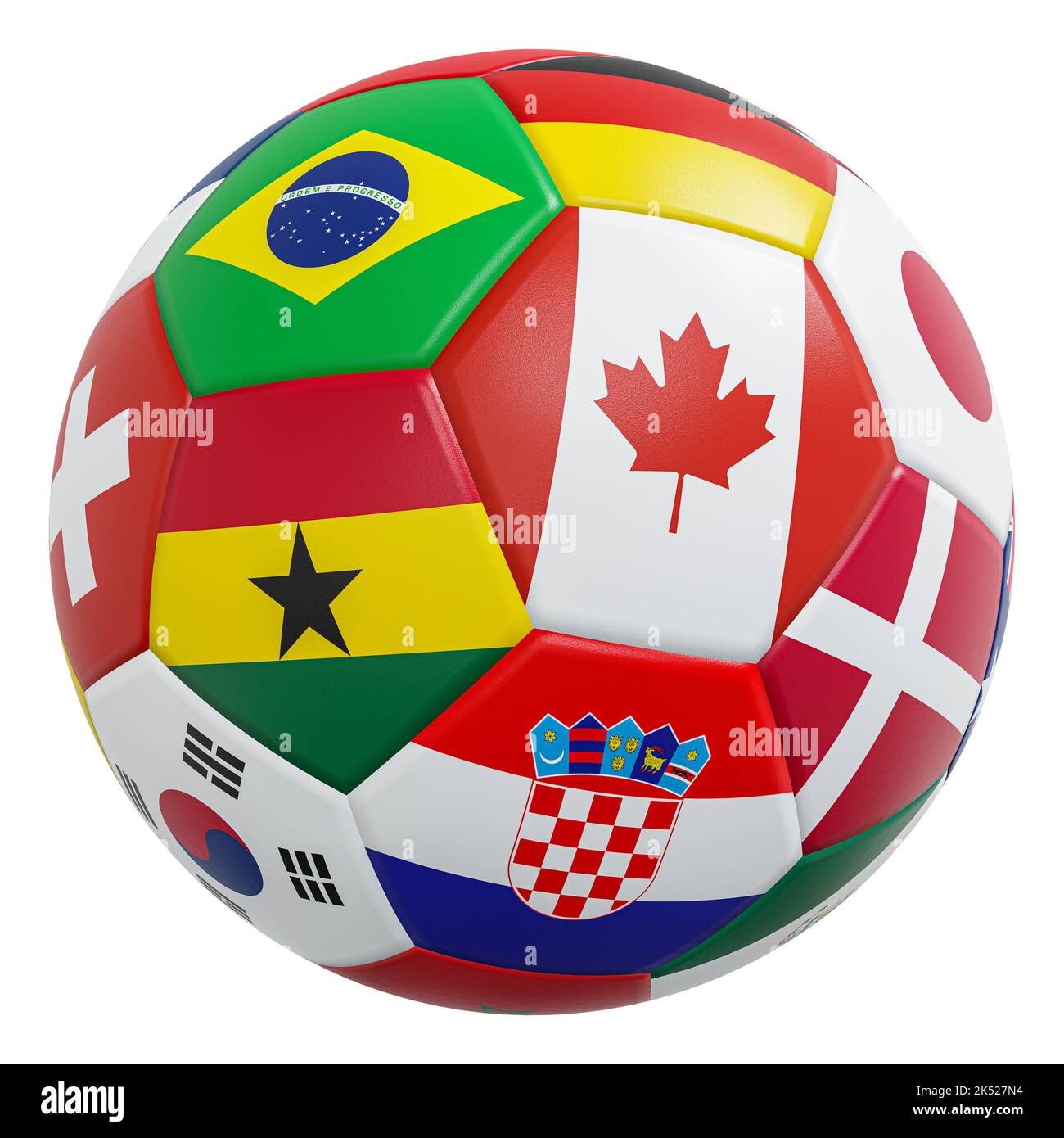 Pallone da calcio con motivo a bandiere internazionali e texture in pelle . Isolato . Tracciati di ritaglio incorporati . 3D rendering . Foto Stock